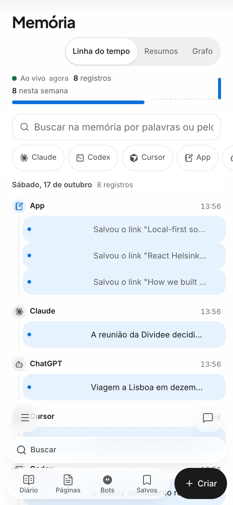 A Memória no navegador do celular, com o que cada IA salvou